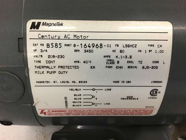 MagneTek B585 Century AC Motor 3/4 HP 3450 RPM 2 Poles 208-230 VAC 56H   BME Bearings and Surplus