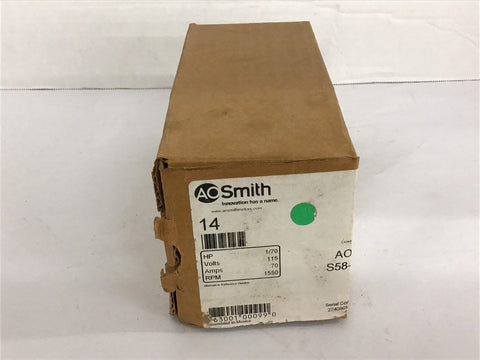 A.O. Smith 14 1/70 HP AC Motor 115 Volts .70 Amps 1550 Rpm
