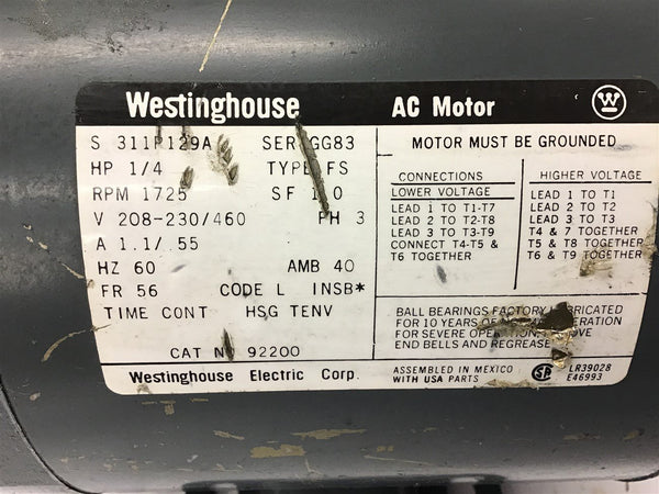 Westinghouse S311P129A 1/4 HP AC Motor 208-230/460 Volt 1800 Rpm 4P 56 –  BME Bearings and Surplus