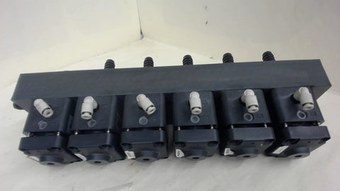 MANIFOLD WITH 6 EACH SMC LVC40-33A-4-X2, FLUROPLYMER VALVES WITH FITTINGS
