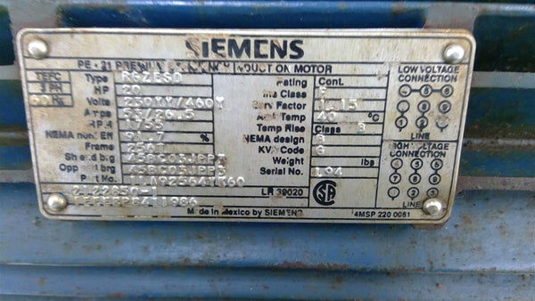 Siemens RGZESD 20HP 230/460V 1755RPM 256T-FR 60HZ TEFC – BME