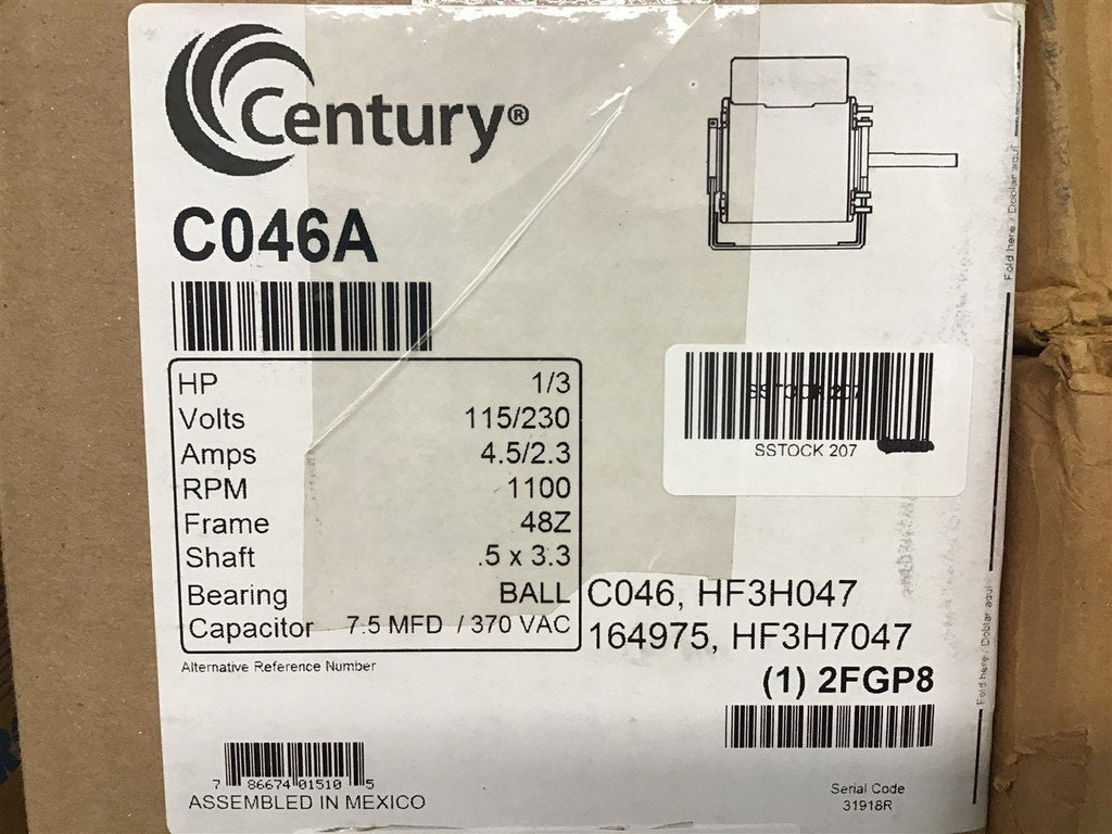 Century C046A 1/3 HP AC Motor 115/230 Volts Single Phase 1100 RPM 48Z Frame