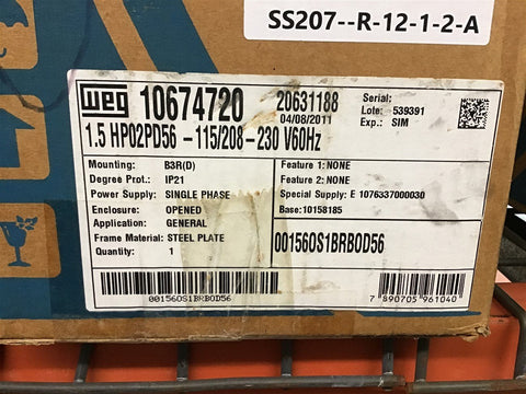 Weg 00156OS1BRB0D56 1 1/2 Hp AC Motor 115/208-230 Volts Single Phase 56 Fr