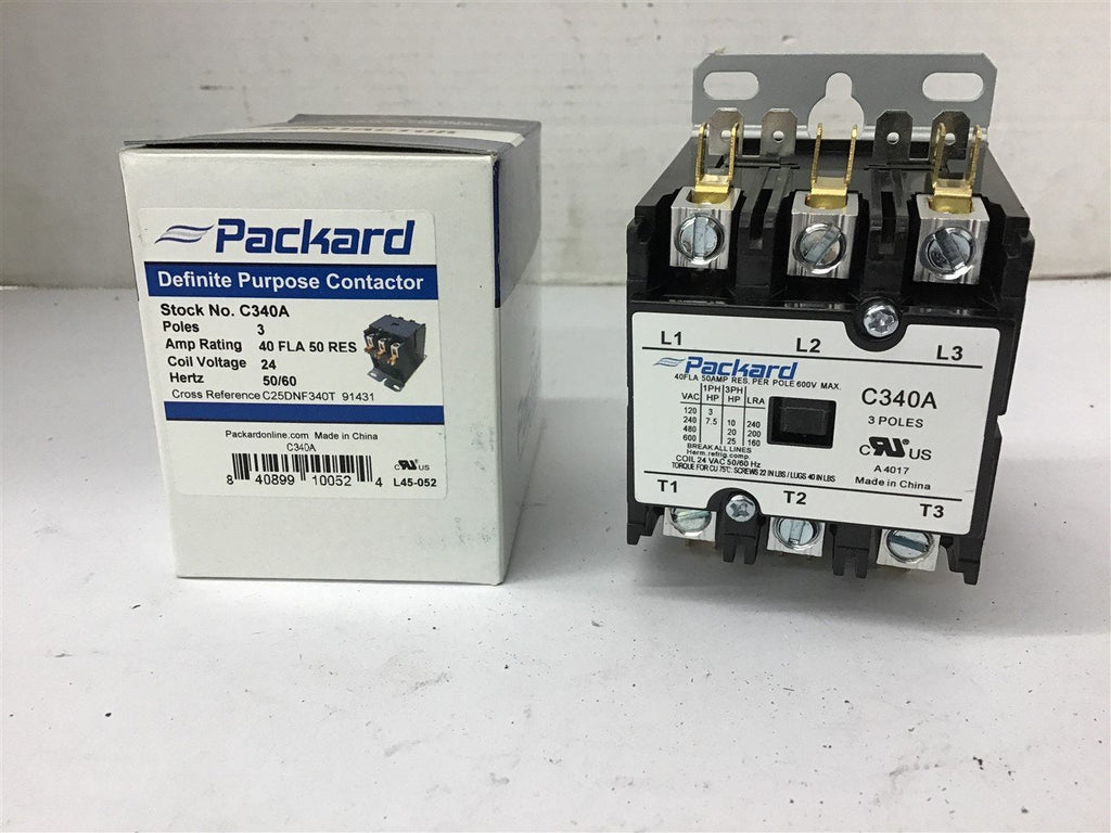 Packard C340A Definite Purpose Contactor 3 Pole 40 FLA 24 Coil Voltage