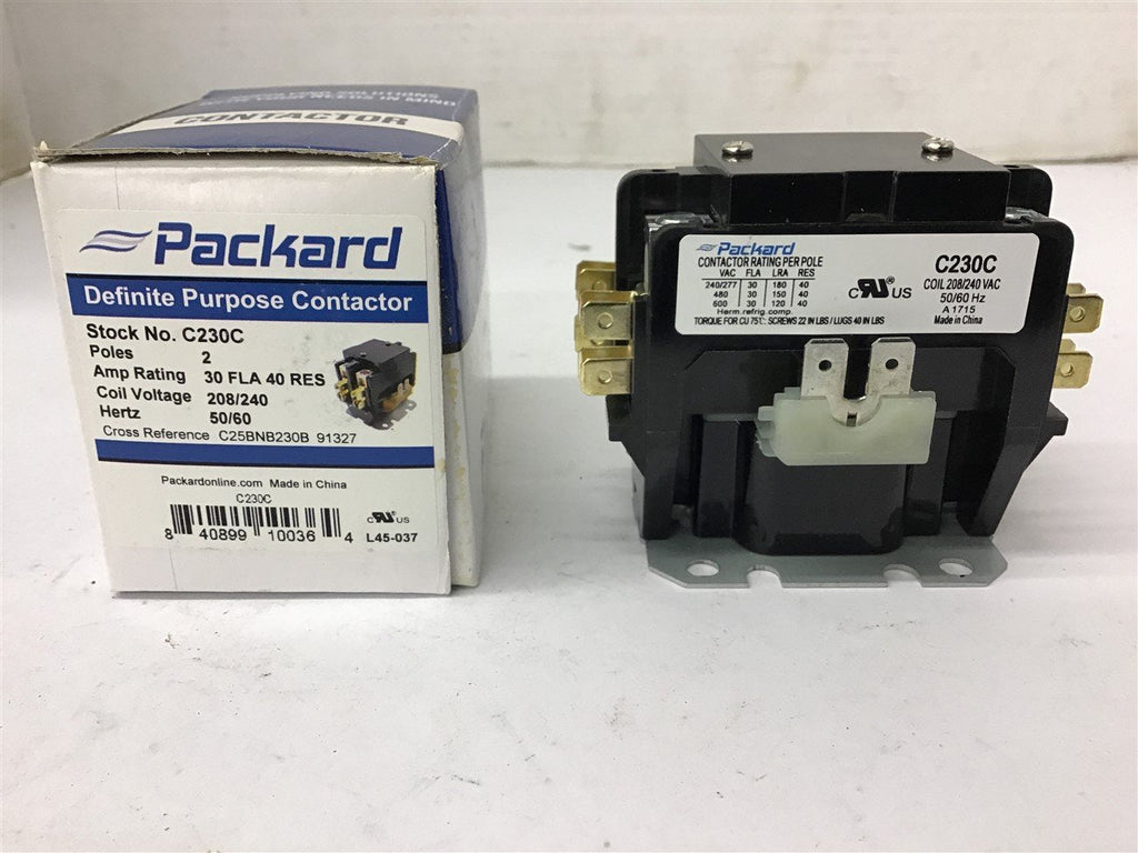 Packard C230C 2 Pole Definite Purpose Contactor 208/240 Coil Volts 30 FLa