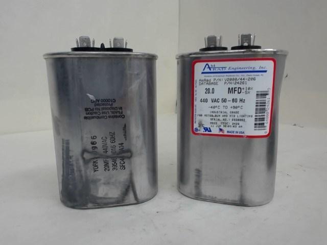LOT OF 2, 20MFD 440VAC, 1 EACH AMRAD P/N:V2000/44-206, 1 EACH YORK 20MFD 440VAC