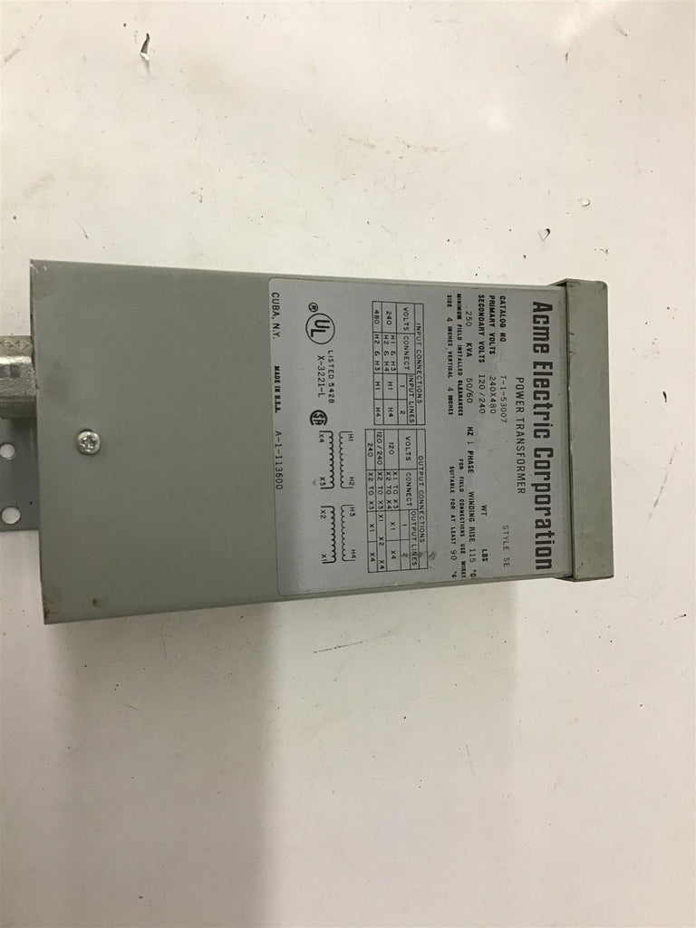 ACME T-1-53007 .250 KVA CONTROL TRANSFORMER 240/480 PRI, 120/240 SEC VOLTS