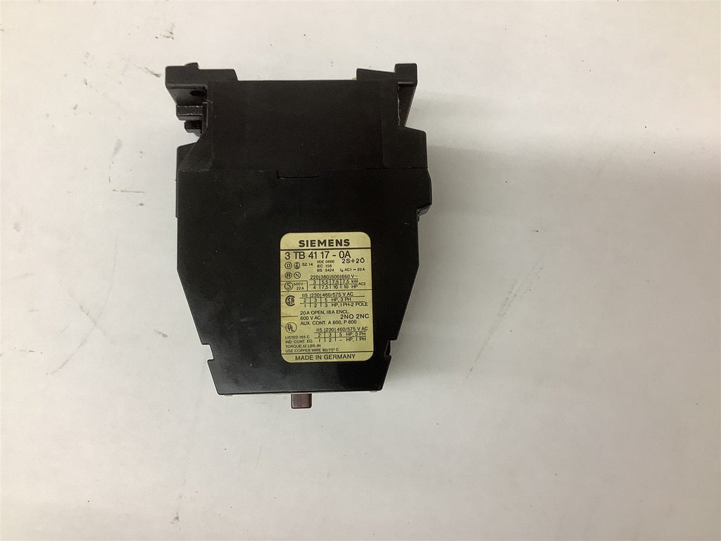 Siemens 3TB4117-0A Contactor 20 A 600 VAC