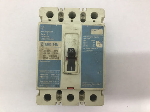 Westinghouse EHD3020L Circuit Breaker 20 AMP 480 VAC 3 Pole