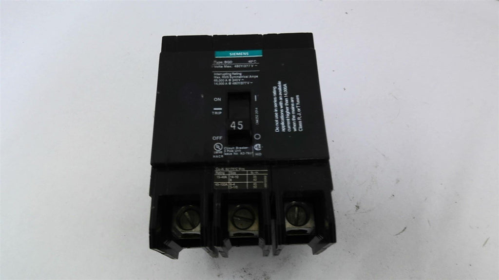 Siemens BQD 45 AMP Breaker 480 Volts 3 Pole