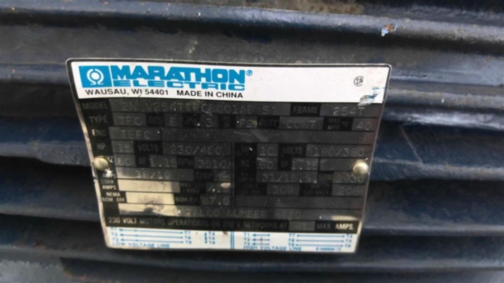 Marathon 2N V254TTFC8001AB S 15HP AC 3510RPM 2Pole 3PH 254T 230/460V TEFC 60HZ