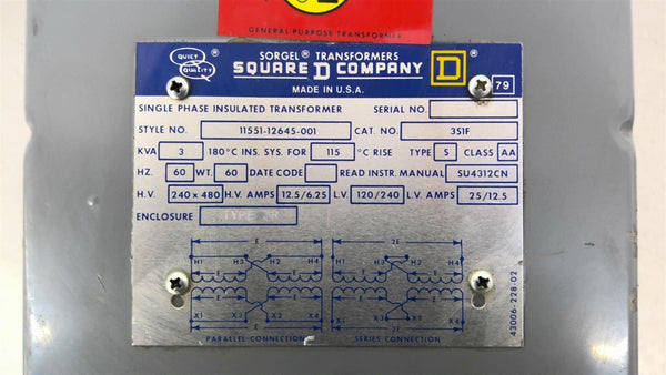 Square D 3S1F 3kVa Transformer PRI 240/480v SEC 120/240v 3ph – BME ...