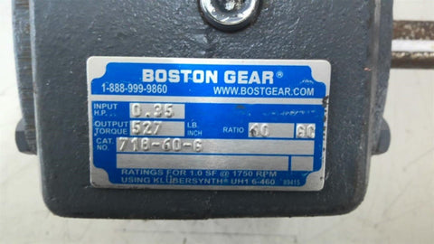 Boston Gear 718-60-G 60:1 Ratio Left Angle Gear Reducer .35 Input Hp