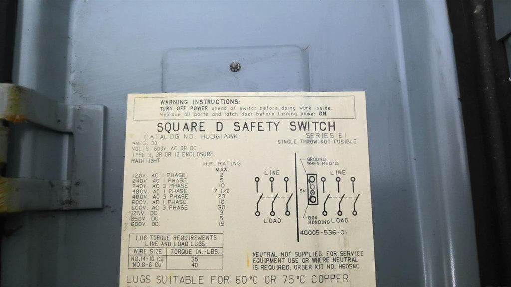 Square D HU36IAWK Safety Switch 30 Amp 600 Volts Type 3 3R 12