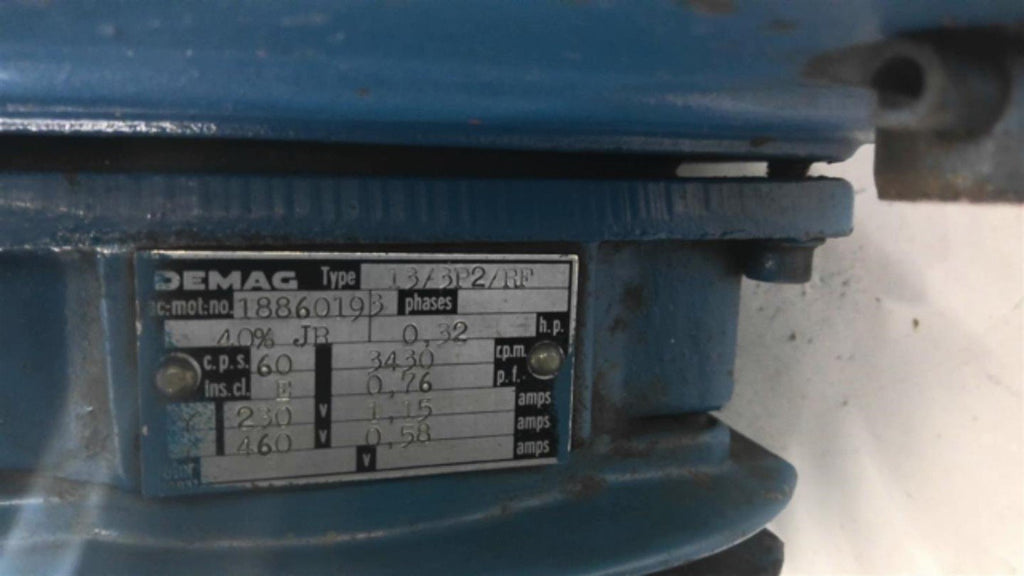 Demag RF 18 0 0.32 HP 1886093 AC Motor 3430 Rpm 230/460 Volts
