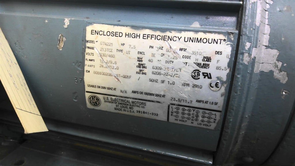 US Motors G74221 7.5 HP AC Pump 3600 RPM 2P 3 Phase 213TCZ 208-230/460 V TEFC
