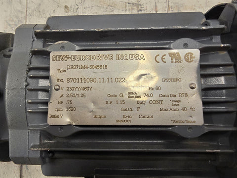 Sew Eurodrive DRS71M4-5045618 .75HP GearMotor 1800RPM 4P 3PH 230/460V