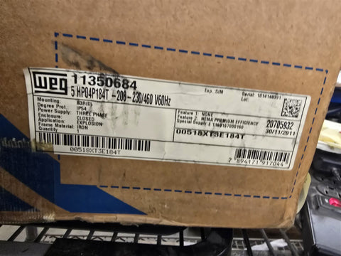 WEG 00518XT3E184T 5HP AC Motor 1800RPM 4P 3PH 184T 208-230/460V TEFC 60Hz