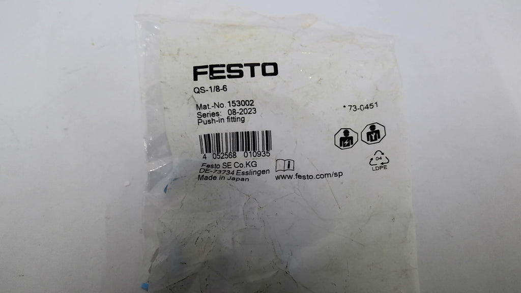 Festo QS-1/8-6 153002 Push In Fitting 10 Pieces Per Pkg.