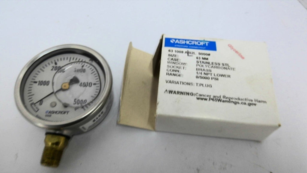 Ashcroft 63 1008 A-02L Brass Socket Stainless Steel Gauge 1/4NPT 5000PSI