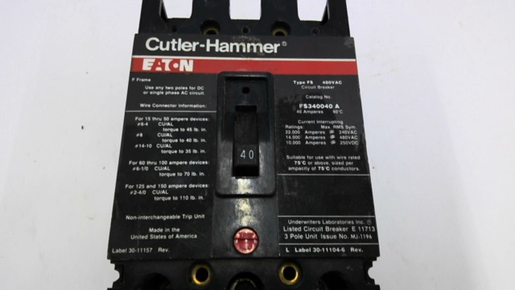 Cutler Hammer FS340040 40 Amp Circuit Breaker480 VAC3 Pole