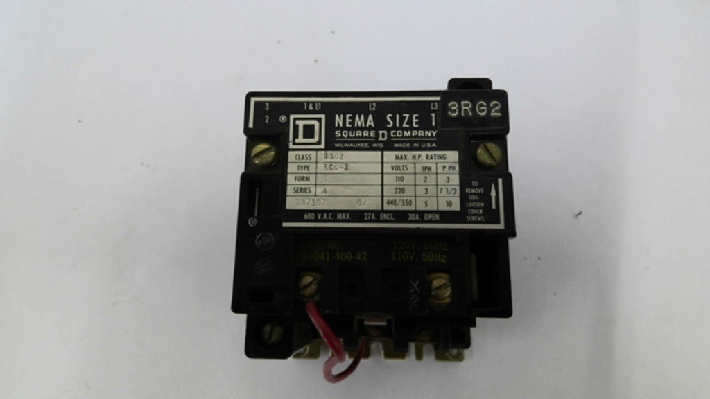 Square D 8502 SCO-2 Nema Size 1 Contactor 110V/50HZ 120V/60 HZ 27A