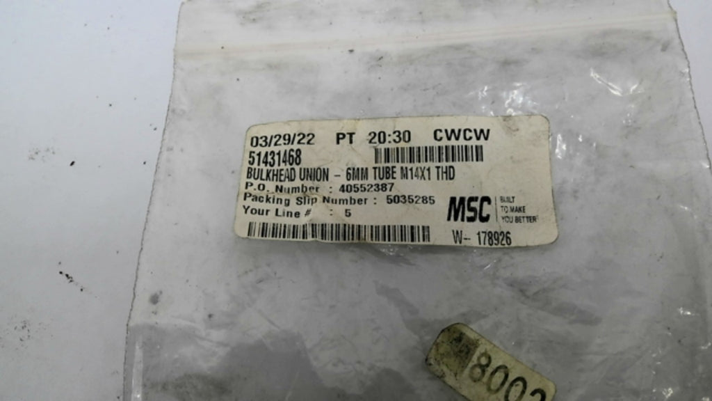 MSC 5035285 Bulkhead Union Connector Fittings M14X1 Thread 6MM Tubes Lot Of 2