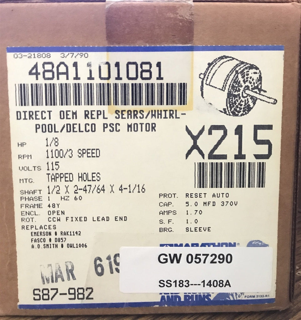 MARATHON X215/481101081 DIRECT OEM REPL SEARS/WHIRLPOOL/ DELCO PSC MTR