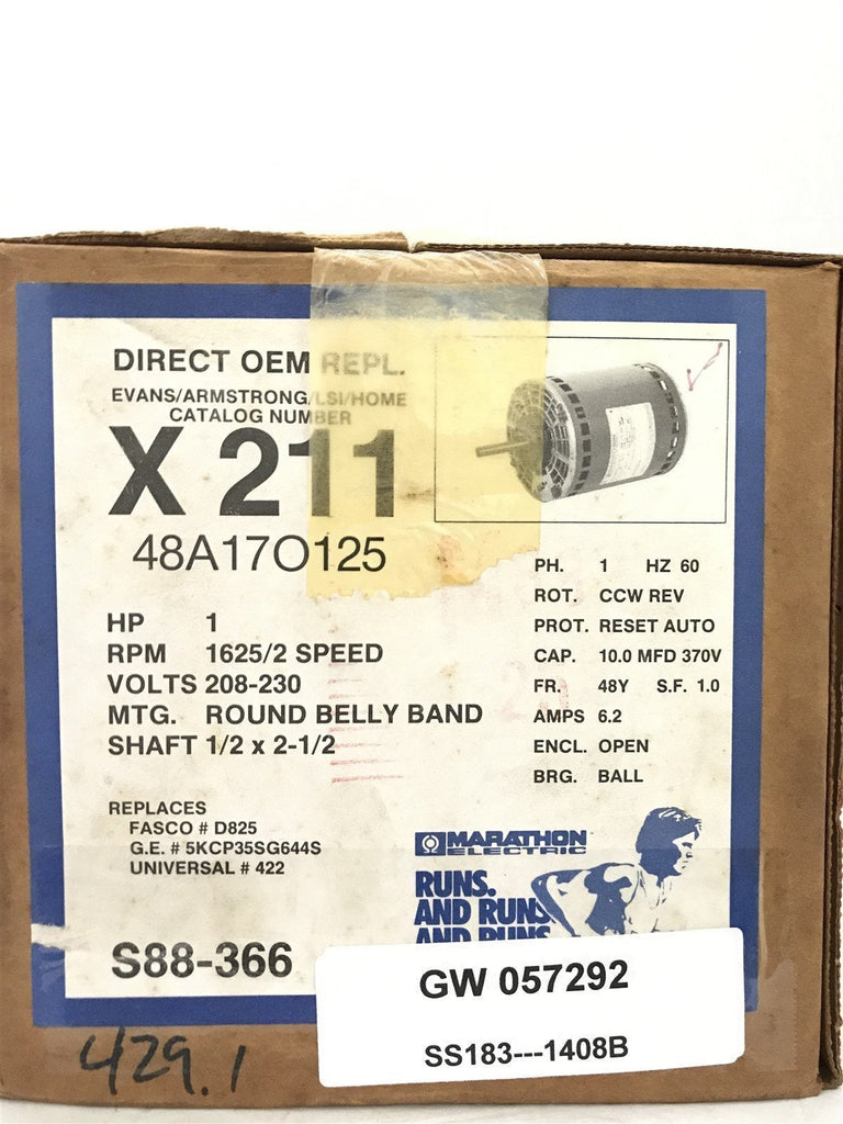 MARATHON X211/ 48A17O125 DIRECT OEM REPL 1HP 1625RPM 208-230V