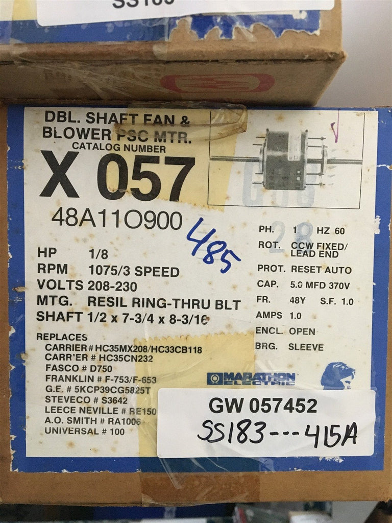 MARATHON X057/48A11O900 SHAFT FAN 1/8 HP RPM 1075/3 SPEED 208-230V