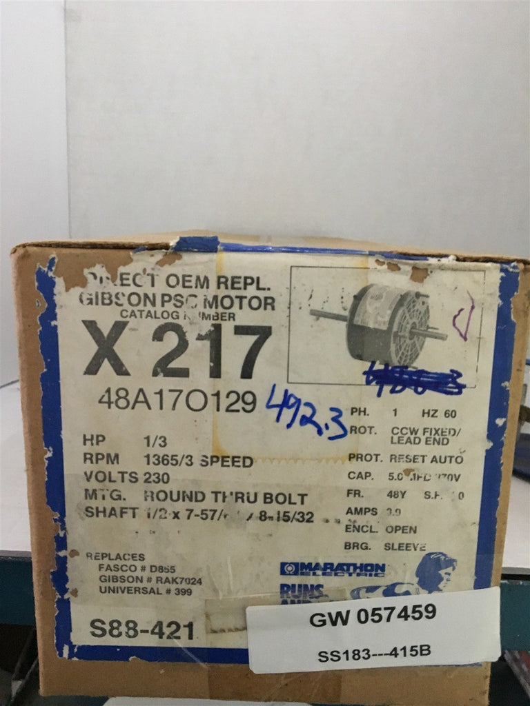 MARATHON X217/48AI1O129 DIRECT OEM REPL GIBS PSC MTR 1/3HP 1365RPM 230V