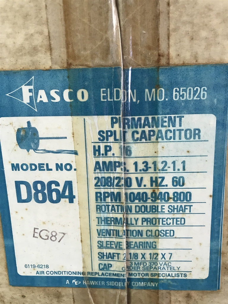 FASCO D864 MOTOR 1/6 HP 1.3-1.2-1.1 A 208/230V 60HZ 1040-940-800 RPM