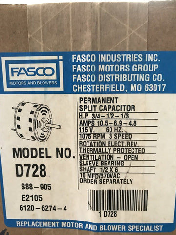 FASCO D728 FURNACE AIR HANDLER BLOWER MOTOR 3/4 HP 1075 RPM 115 Volt 3 Speed