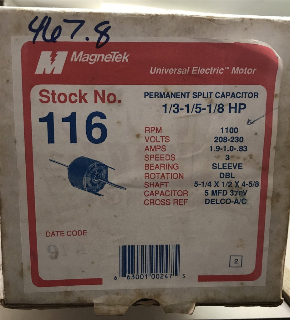 MAGNETEK 116 UNIVERSAL ELECTRIC MOTOR 1/3-1/5-1/8HP 1100RPM 208-230V