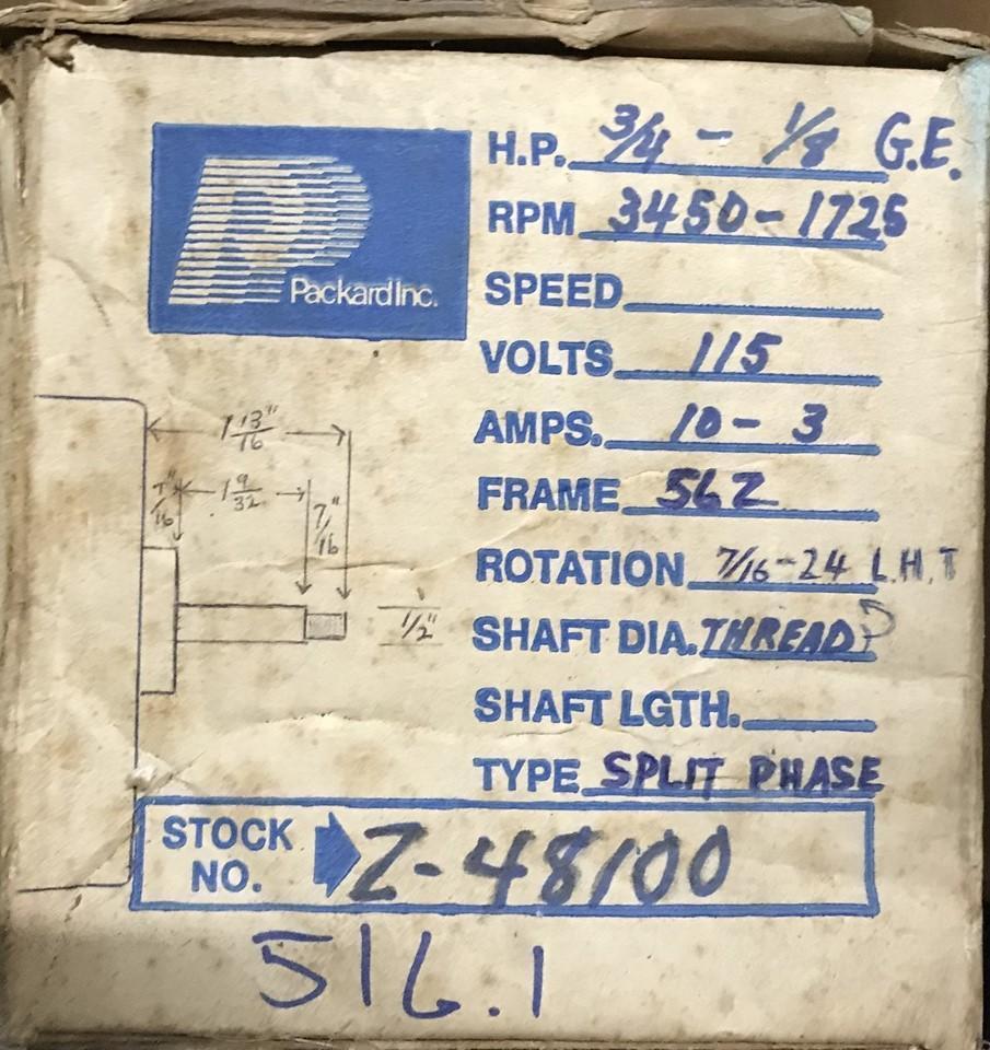 PACKARD Z-48100 MOTOR 3/4-1/8HP 3450-1725RPM 115V 10-3A 56Z FR