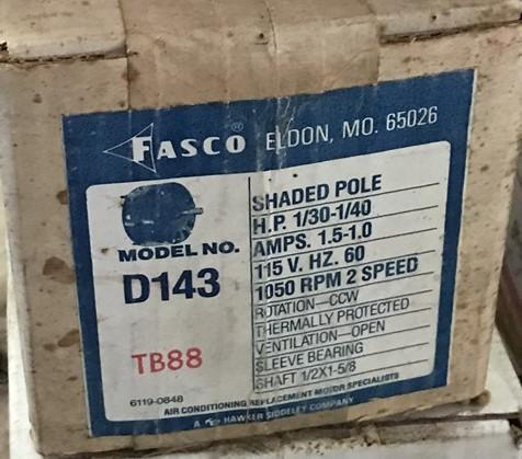 FASCO D143 SHADED POLE 1/30-1/40HP 1.5-1AMP 115V 60HZ 1050RPM 2SPD