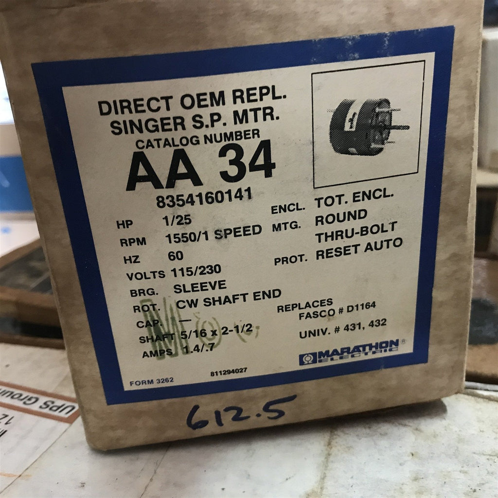 MARATHON AA34 835160141 DIRECT OEM REPL MTR 1/25HP 1550RPM 1 SPD 60HZ