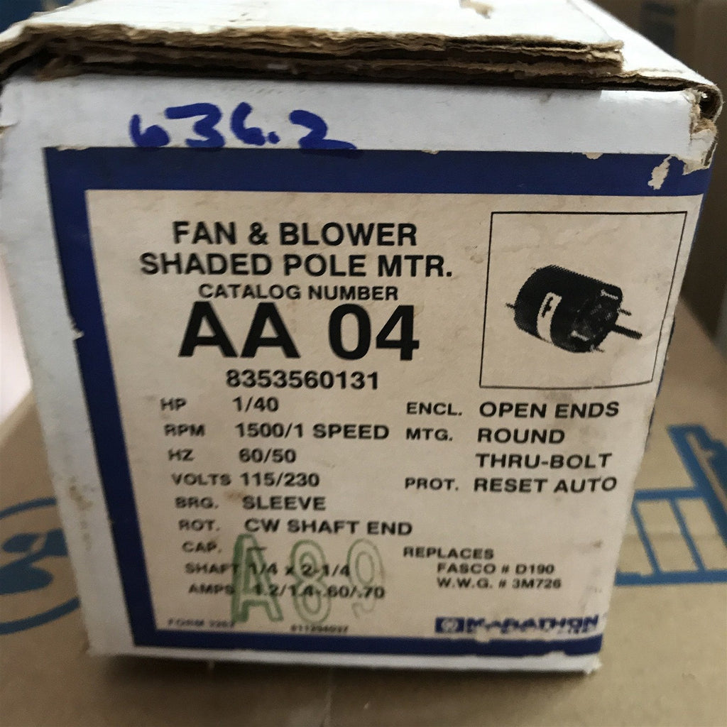 MARATHON AA04 8353560131 SHADED POLE FAN MOTOR 1/40HP 1500RPM 1SPD 60/50HZ