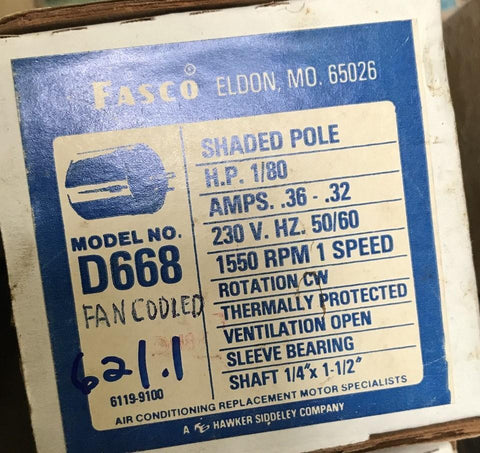 FASCO D668 SHADED POLE MOTOR 230V 50/60HZ 1/80HP
