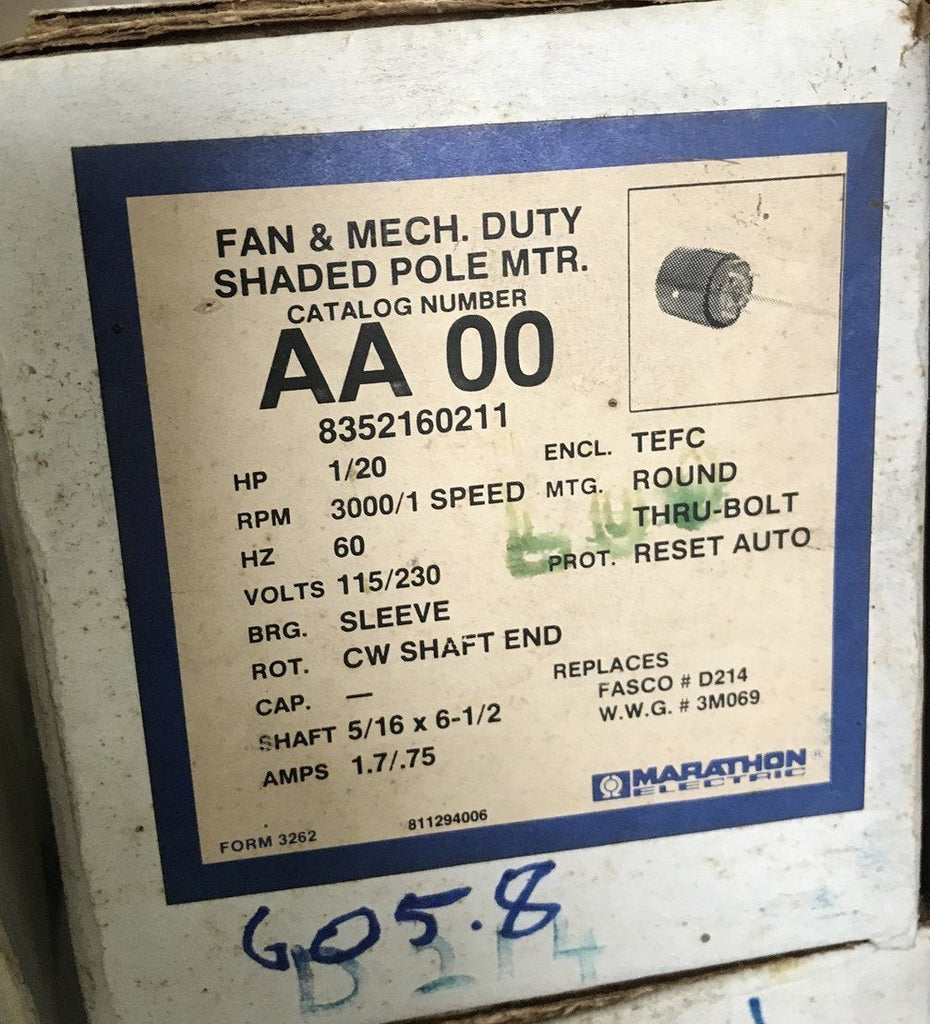 MARATHON ELECTRIC AA00 8352160211 SHADE PL MTR 1/20HP 3000RPM 1SPD 60HZ 115/230V