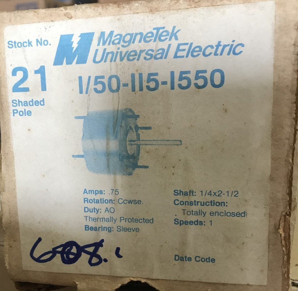 MAGNETEK UNIVERSAL ELECTRIC 21 SHADED POLE MOTOR 1/50-115-1550 .75AMP