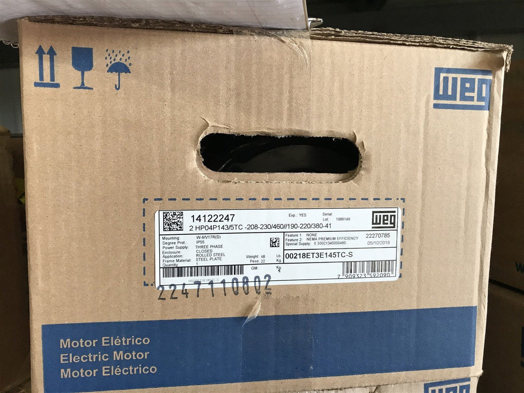 WEG 0218ET3E145TC-S MOTOR 2 HP 4P 3Ph 208-230/460/190-220/380-415V 60Hz