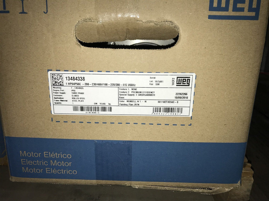 WEG 00118ET3E56C-S 13484338 1 HP 4P 56C 3Ph 208-230/460//190-220/380-415 V 60Hz