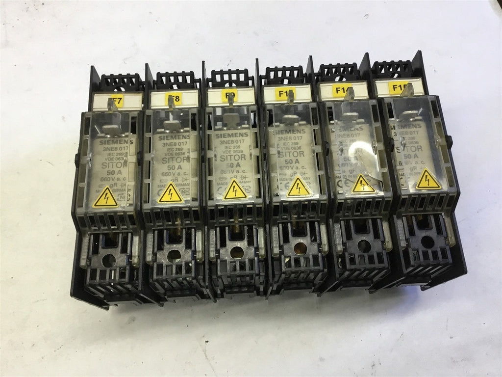 LOT OF 6-- SIEMENS 3NE8017 50 AMP FUSES, WITH FUSE BLOCKS