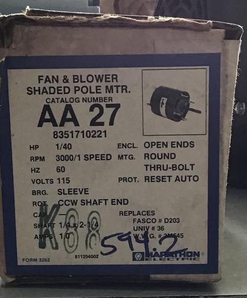AA27 FAN MOTOR 1/40 HP 3000 RPM 1 SPEED 60 HZ 115 V OPEN ENC