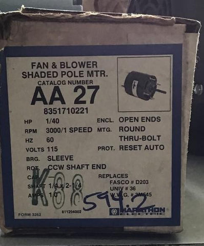 AA27 FAN MOTOR 1/40 HP 3000 RPM 1 SPEED 60 HZ 115 V OPEN ENC
