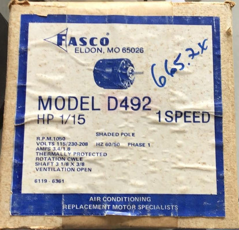 FASCO D492 MOTOR 1/15HP 115/208-230 V 1050 RPM
