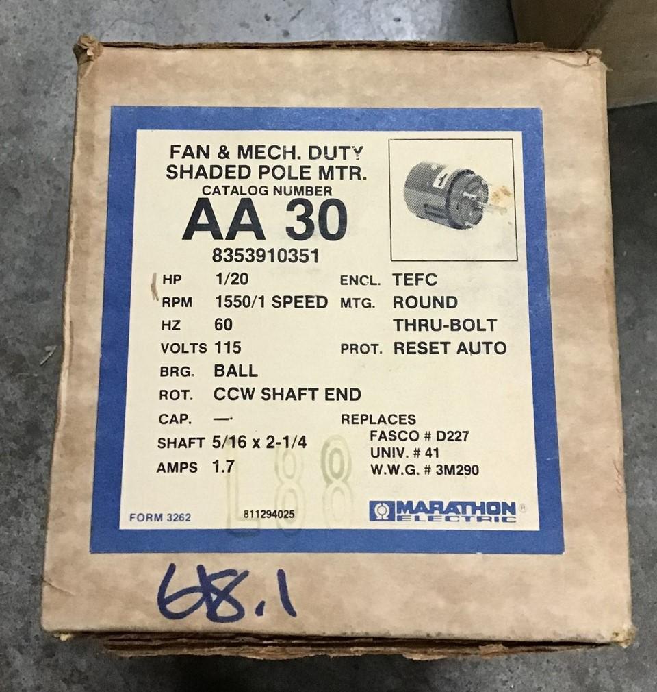 MARATHON AA30 8353910351 SHAD POLE MOTOR 1/20 HP 60 HZ 115V 1550 RPM 1 SPD TEFC
