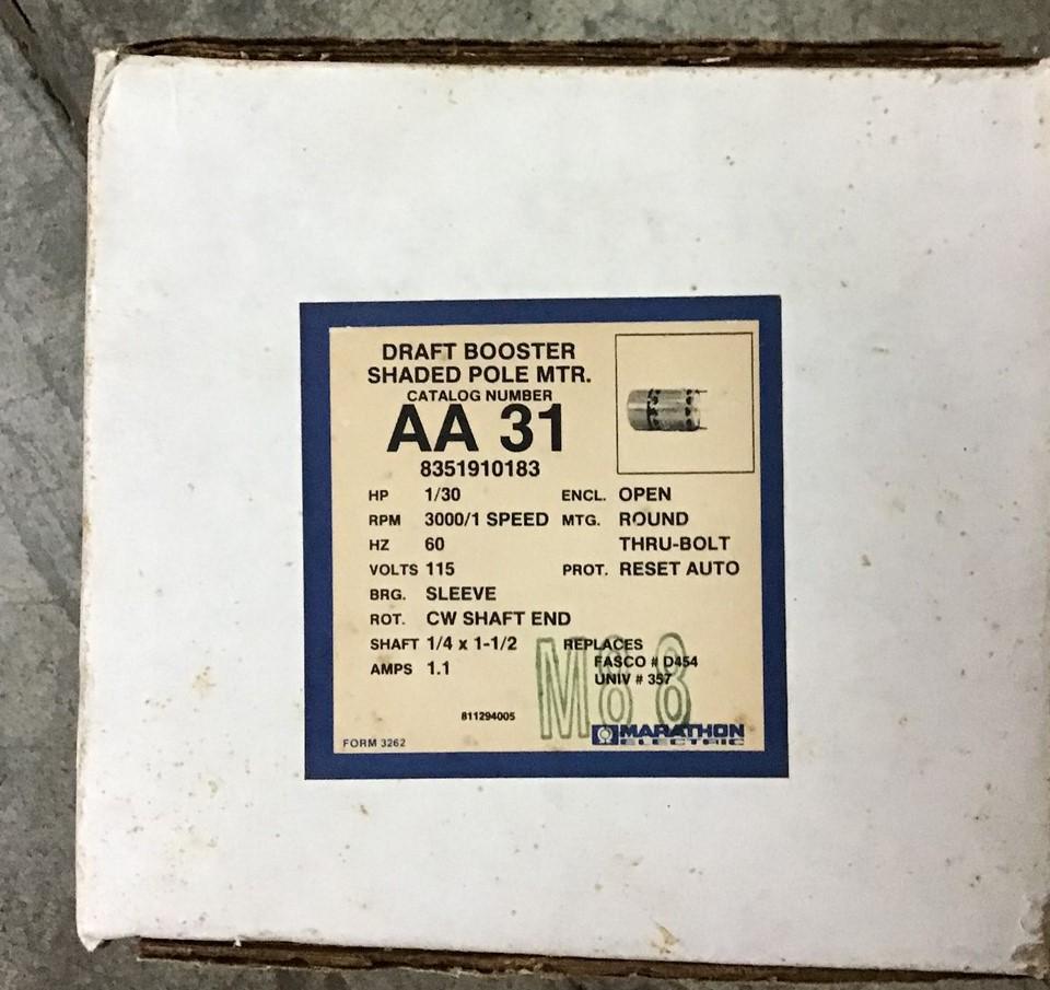 MARATHON AA31 SHADED POLE MOTOR 1/30 HP 3000 RPM 1 SPD 60 HZ 115V OPEN ENC