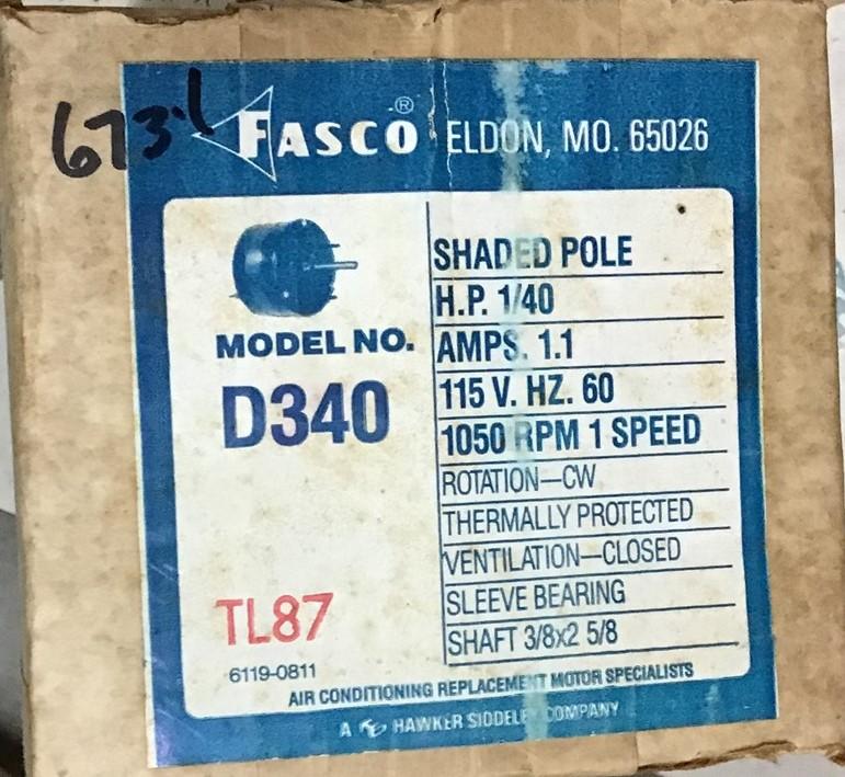 FASCO D340 MOTOR 1/40 HP 1.1 AMP 115V 60 HZ 1050 RPM 1 SPD